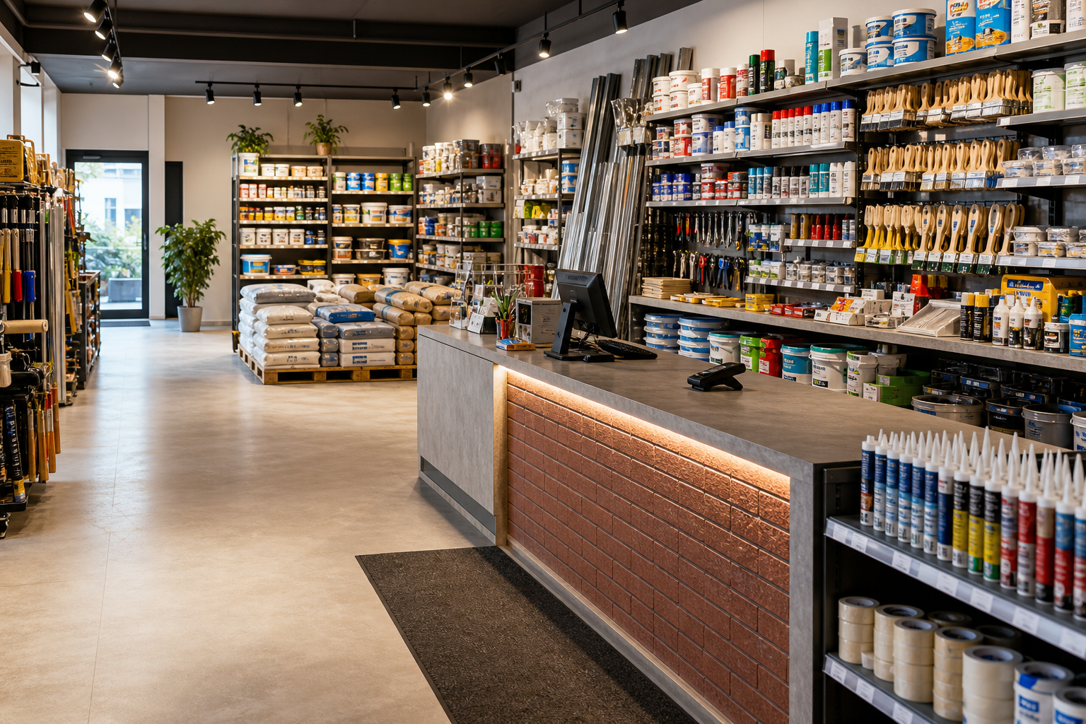 Półki z farbami, narzędziami i chemią budowlaną w lokalnym sklepie